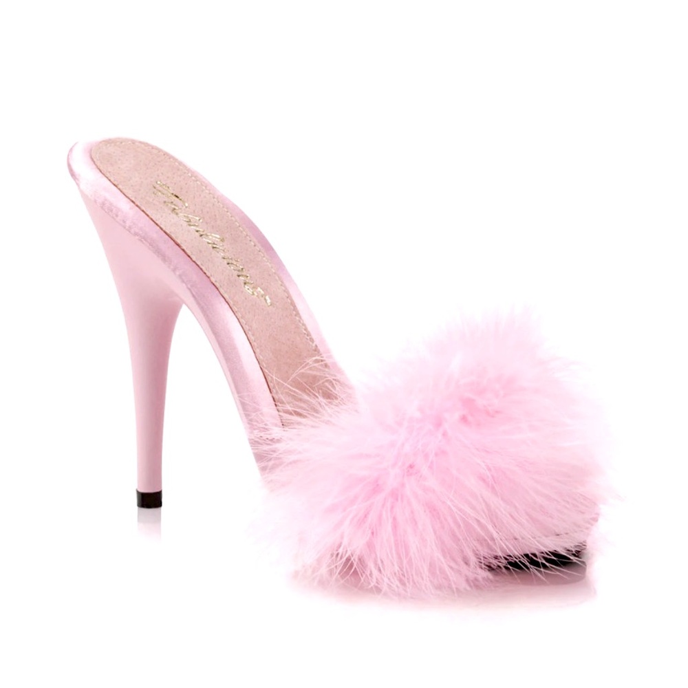 Baby Pink Marabou Feather Satin and Suede Sandal Mules High Heels - Picture 2 of 7